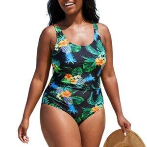Daci Plus Size 22W Swimsuit One-Piece Ruched Scoop Neck Black Pineapple Pattern
